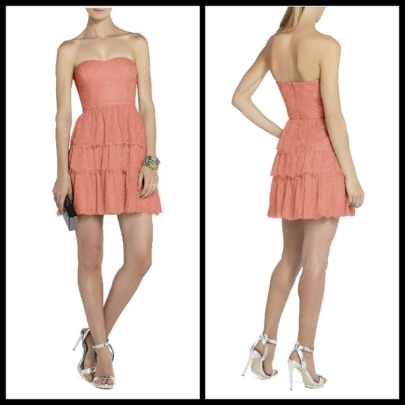 💕BCBGMAXAZRIA💕 Coral Strapless Lace Tiered Dress - Picture 1 of 8